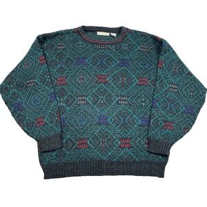 Vintage Grandpa Sweater Men Large Green Geometric Acrylic Knit Golf 90s Cosby